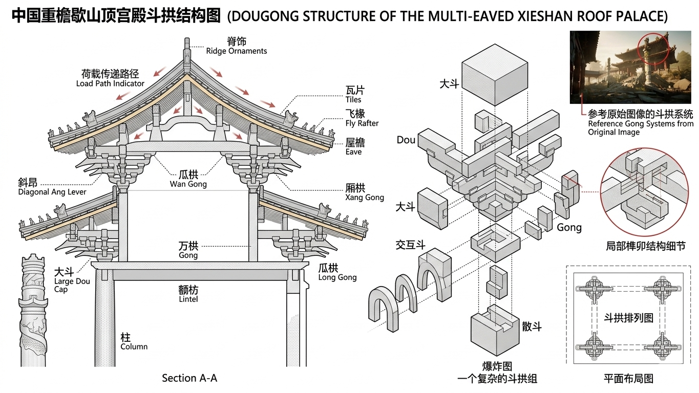 中国重檐歇山顶宫殿斗栱结构示意图